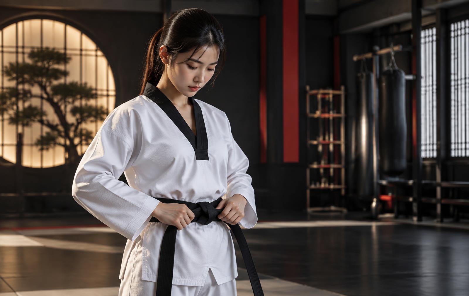 A focused martial arts student tying her black belt before training